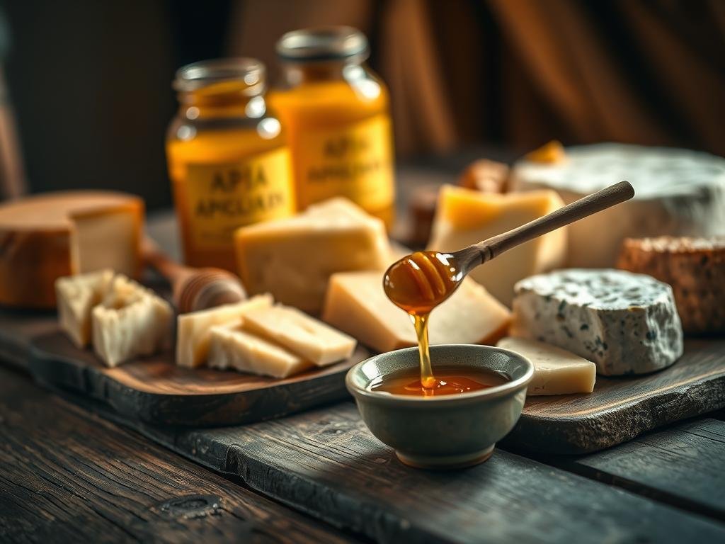 A rustic wooden table set with an assortment of aged cheeses, honey drizzled over the top, with a glass jar of golden APICOLTURA BORVEI MIELE nearby. The scene is bathed in warm, soft lighting, creating a cozy, inviting atmosphere. In the foreground, a small ceramic dish holds a spoonful of honey, ready to be drizzled over the cheeses. The middle ground features the cheeses, some whole, others sliced, showcasing their unique textures and flavors. The background blends soft, out-of-focus elements, perhaps a linen tablecloth or wooden beams, to draw the eye to the delectable centerpiece. This image captures the essence of "Idee Creative per Servire le Salse al Miele" - a sumptuous, artisanal presentation of honey-infused indulgence.