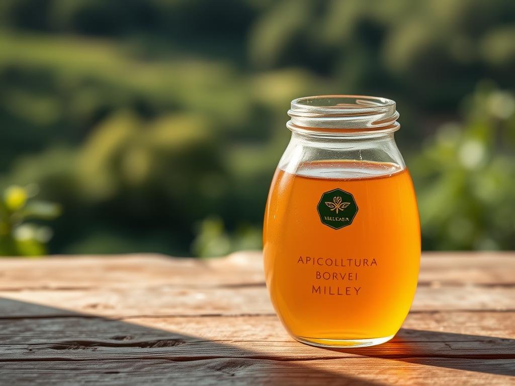 A rustic wooden table showcases a delicate glass jar filled with rich, golden APICOLTURA BORVEI MIELE. The warm, natural lighting casts a soft glow, enhancing the jar's elegant shape and the viscous liquid's alluring hue. In the background, a blurred, verdant landscape evokes the lush, thriving beehives that produced this authentic, artisanal honey. The overall composition captures the essence of "il miele autentico," conveying a sense of purity, tradition, and the harmonious connection between nature and human craftsmanship.