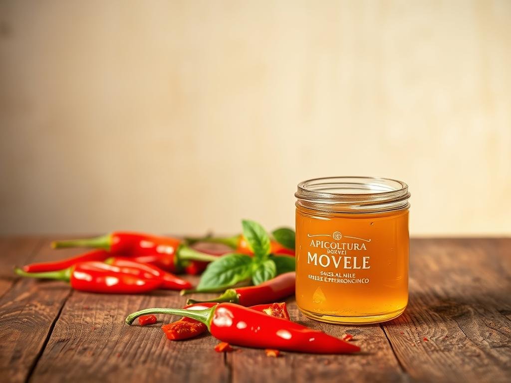A rustic wooden table, the surface adorned with a vibrant array of ingredients. In the foreground, a small glass jar filled with a golden, viscous liquid - the "APICOLTURA BORVEI MIELE" brand honey. Beside it, a scattering of fiery red chili peppers, their stems and leaves adding a touch of verdant contrast. In the middle ground, a delicate sprig of fresh basil, its fragrant leaves gently curling. The background features a plain, textured wall, lending a sense of simple elegance to the scene. Soft, warm lighting casts a gentle glow, highlighting the interplay of sweet and spicy elements. The overall composition conveys a homemade, artisanal feel, inviting the viewer to imagine the delectable flavors of this "Salsa al Miele e Peperoncino" variant.
