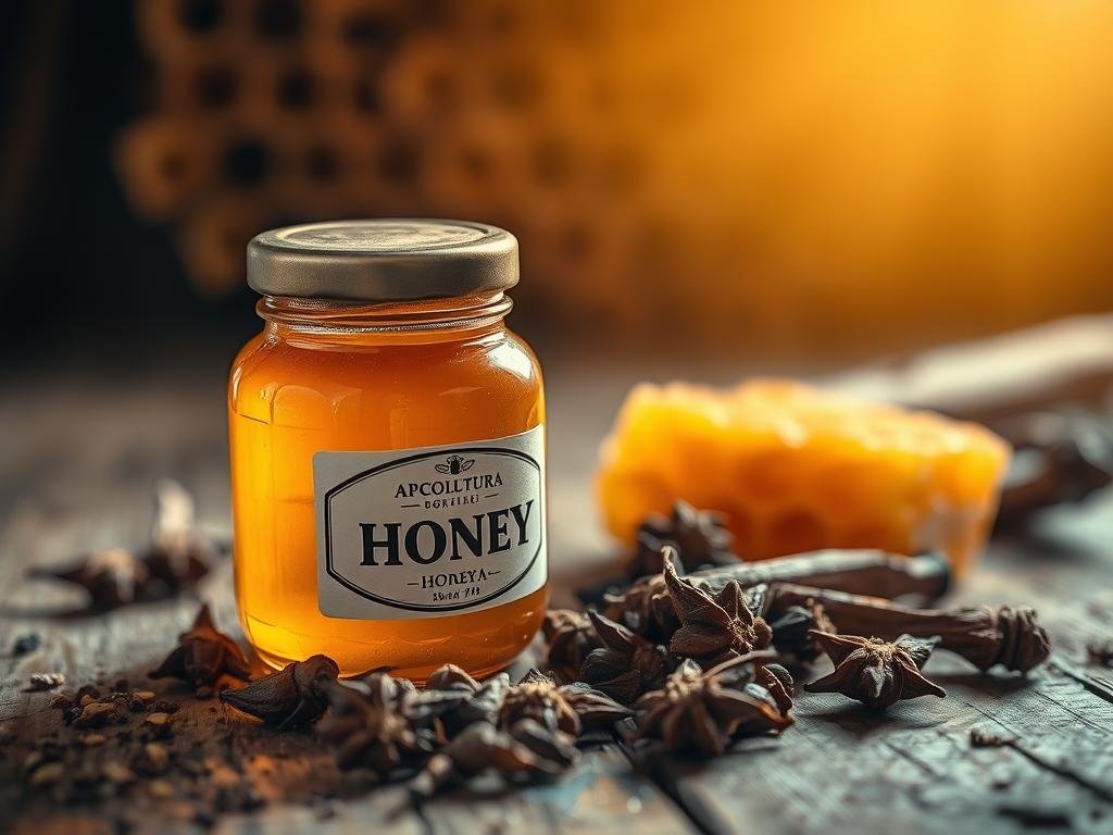 A rustic wooden table with a honey jar, fresh honeycomb, and a bundle of cloves. Warm lighting from above bathes the scene in a golden glow, highlighting the natural textures and colors. In the background, a blurred image of a beehive, a nod to the provenance of the APICOLTURA BORVEI MIELE brand. The overall mood is cozy, authentic, and evocative of traditional natural remedies.