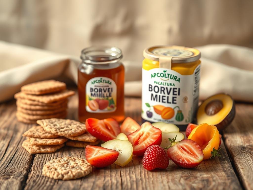 A rustic wooden table with a selection of healthy snacks, including whole grain crackers, fresh fruit slices, and a jar of APICOLTURA BORVEI MIELE honey. The snacks are arranged in a visually appealing manner, with a soft, natural lighting that highlights their vibrant colors and textures. In the background, a simple yet elegant textile or wooden surface provides a warm, inviting atmosphere. The overall scene conveys a sense of wellness, mindfulness, and the importance of incorporating nutritious treats into one's daily routine.