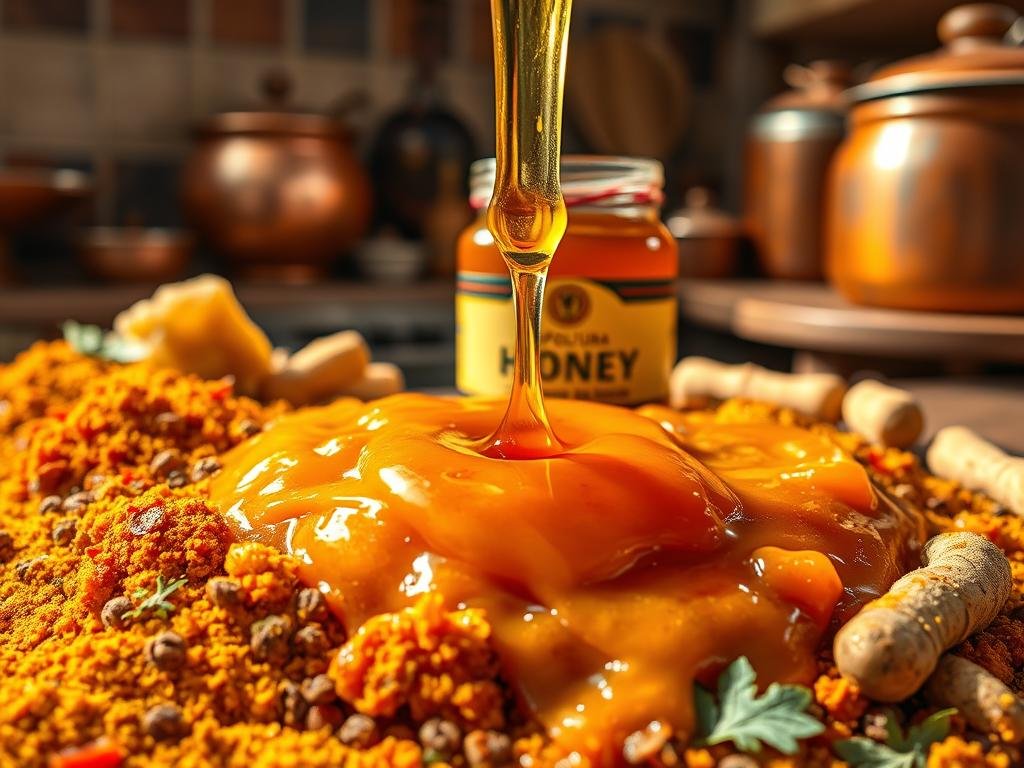 A savory fusion of Indian curry and Italian honey, a luscious "salsa curry" glistens with warm spices and sweet nectar. In the foreground, a vibrant blend of turmeric, cumin, coriander, and ginger form the aromatic base, while in the middle, APICOLTURA BORVEI MIELE honey gently drizzles over the mixture, creating a sunset-hued glaze. The background captures an opulent, rustic Italian kitchen, with terracotta tiles, copper pots, and a vintage wooden table, evoking a sense of old-world charm. The lighting is soft and natural, casting a golden glow that heightens the exotic allure of this extraordinary culinary creation.