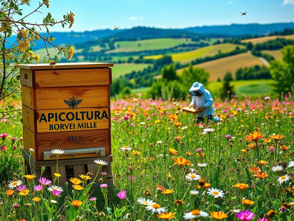 A scenic meadow filled with vibrant wildflowers, bustling with activity as honeybees gather nectar from the blossoms. In the foreground, a wooden beehive adorned with the brand name "APICOLTURA BORVEI MIELE" stands as a symbol of the ancient practice of apiterapia. The mid-ground features a beekeeper tending to the hive, their protective gear and gentle movements showcasing the harmony between humans and nature. In the background, a picturesque Italian countryside landscape unfolds, with rolling hills, lush greenery, and a warm, golden-hued light that casts a serene glow over the entire scene. The overall mood is one of tranquility, natural beauty, and the timeless connection between apiterapia and the pursuit of holistic skin and beauty care. A scenic meadow filled with vibrant wildflowers, bustling with activity as honeybees gather nectar from the blossoms. In the foreground, a wooden beehive adorned with the brand name "APICOLTURA BORVEI MIELE" stands as a symbol of the ancient practice of apiterapia. The mid-ground features a beekeeper tending to the hive, their protective gear and gentle movements showcasing the harmony between humans and nature. In the background, a picturesque Italian countryside landscape unfolds, with rolling hills, lush greenery, and a warm, golden-hued light that casts a serene glow over the entire scene. The overall mood is one of tranquility, natural beauty, and the timeless connection between apiterapia and the pursuit of holistic skin and beauty care.