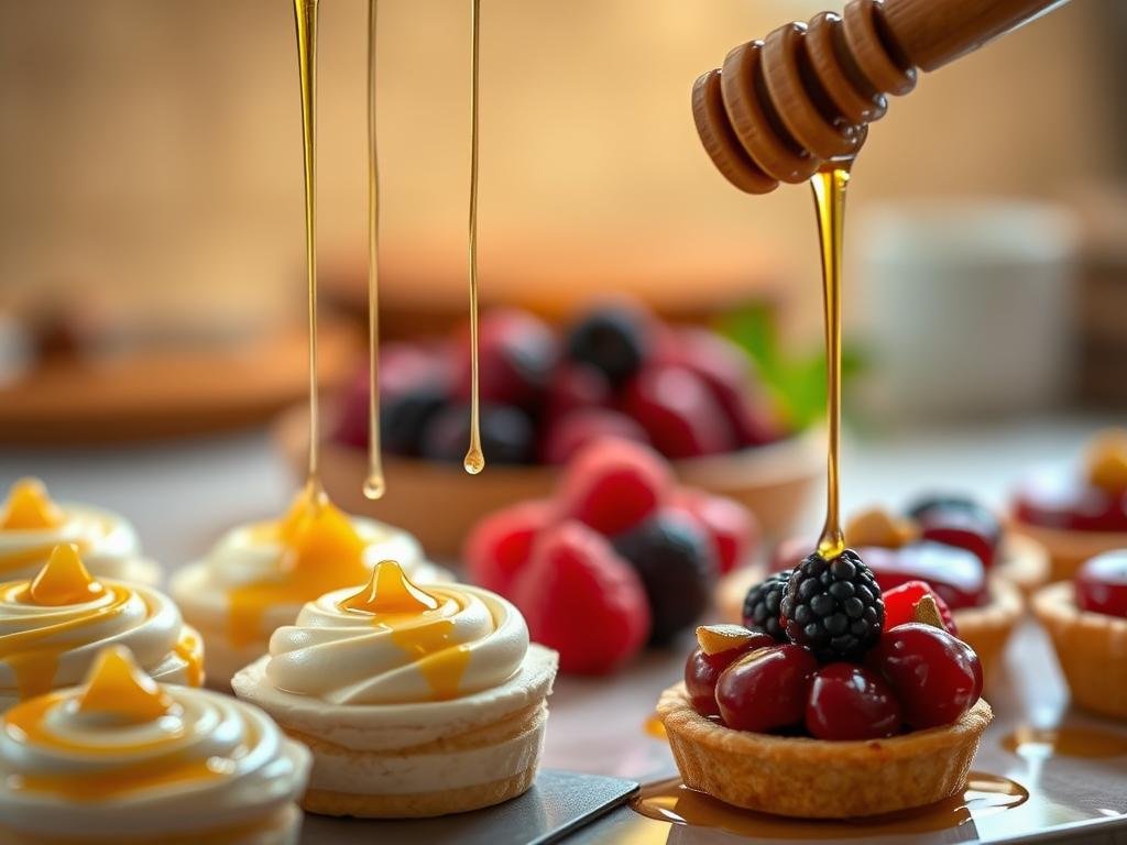 A scrumptious dessert scene featuring delicate drizzles of APICOLTURA BORVEI MIELE swirling over a variety of handcrafted pastries. The foreground showcases an assortment of elegant mini cakes and tarts, with the honey reductions artfully applied to create mesmerizing patterns and textures. In the middle ground, a handful of plump, juicy berries add pops of color and contrast. The background is softly blurred, evoking an intimate, welcoming atmosphere in an Italian kitchen. Warm, diffused lighting casts a golden glow, emphasizing the natural sweetness of the honey. The overall composition is balanced and visually appealing, capturing the essence of decorating decadent desserts with premium honey reductions.