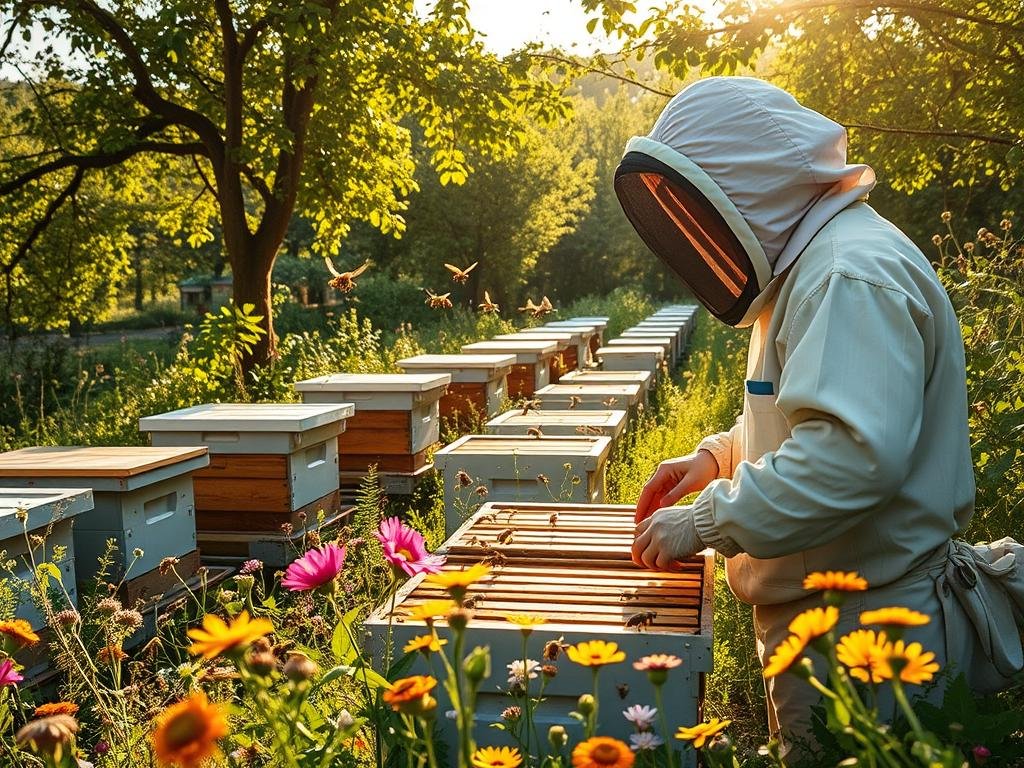 A serene Italian apiary, with rows of Apicoltura beehives nestled amid lush greenery and wildflowers. Sunlight filters through the canopy, casting a warm, golden glow over the scene. Bees flutter gracefully, pollinating the vibrant blooms that surround the hives. In the foreground, a beekeeper in traditional protective gear carefully tends to the hives, showcasing the hands-on practice of apitherapy. The overall atmosphere conveys a sense of harmony and the profound connection between humans, nature, and the vital role of honeybees. A serene Italian apiary, with rows of Apicoltura beehives nestled amid lush greenery and wildflowers. Sunlight filters through the canopy, casting a warm, golden glow over the scene. Bees flutter gracefully, pollinating the vibrant blooms that surround the hives. In the foreground, a beekeeper in traditional protective gear carefully tends to the hives, showcasing the hands-on practice of apitherapy. The overall atmosphere conveys a sense of harmony and the profound connection between humans, nature, and the vital role of honeybees.