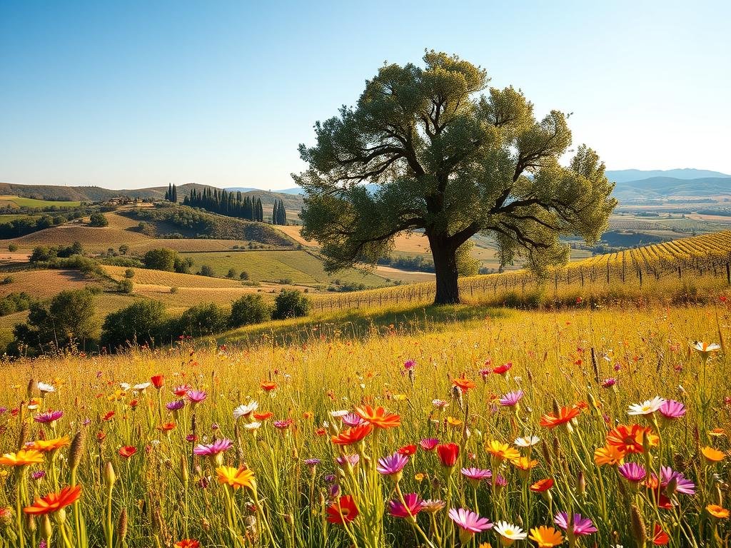 A serene Italian countryside landscape, bathed in warm golden light. In the foreground, a lush meadow bursting with a diverse array of vibrant wildflowers, their petals glistening with the "nettare" of Apicoltura. In the middle ground, a majestic oak tree stands tall, its branches swaying gently in the breeze. Beyond, rolling hills dotted with olive groves and vineyards stretch out towards the horizon, framed by a clear, azure sky. The scene exudes a sense of tranquility and harmony, capturing the essence of the natural world's bounty and the vital role it plays in the rich tradition of Italian Apicoltura.