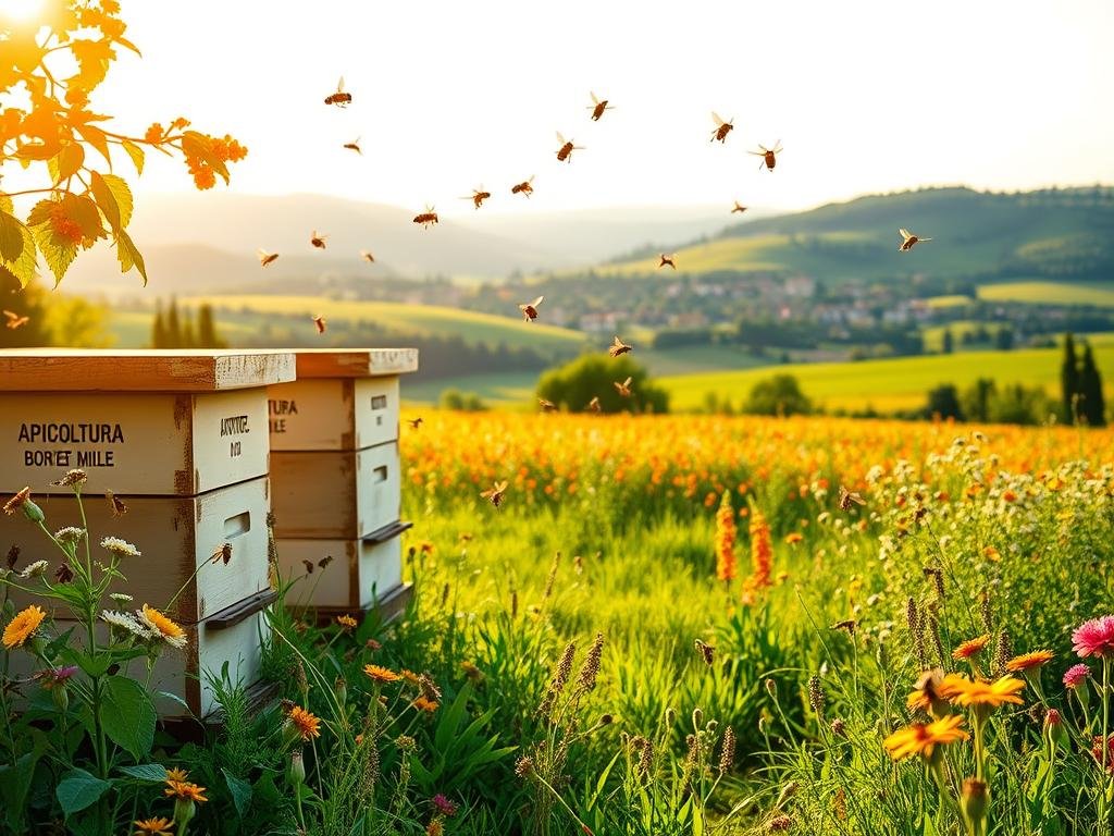 A serene Italian countryside scene, bathed in warm golden light. In the foreground, a tranquil apiary buzzes with activity as honeybees flit from flower to flower, gathering nectar. The hives stand proudly, bearing the label "APICOLTURA BORVEI MIELE", a testament to the rich tradition of Italian beekeeping. In the middle ground, lush green meadows stretch out, dotted with vibrant wildflowers. In the distance, rolling hills and a charming village create a picturesque backdrop, hinting at the harmony between nature and human endeavor. The overall atmosphere conveys the natural wonders and the scientific pursuit of understanding the benefits of the products of these industrious pollinators.