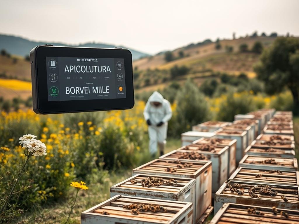 A serene Italian countryside scene, showcasing the modern state of beekeeping. In the foreground, a sleek and intuitive digital control panel labeled "APICOLTURA BORVEI MIELE" hovers above a well-maintained apiary, its hives arranged in orderly rows. The middle ground features a beekeeper in a white protective suit, tending to the buzzing colony with a careful hand. In the background, rolling hills dotted with wildflowers and olive trees create a picturesque backdrop, hinting at the rich history and natural setting of Italy's thriving apiculture industry. The scene is illuminated by soft, natural lighting, captured through a high-quality camera lens, conveying a sense of innovation, tradition, and environmental harmony.