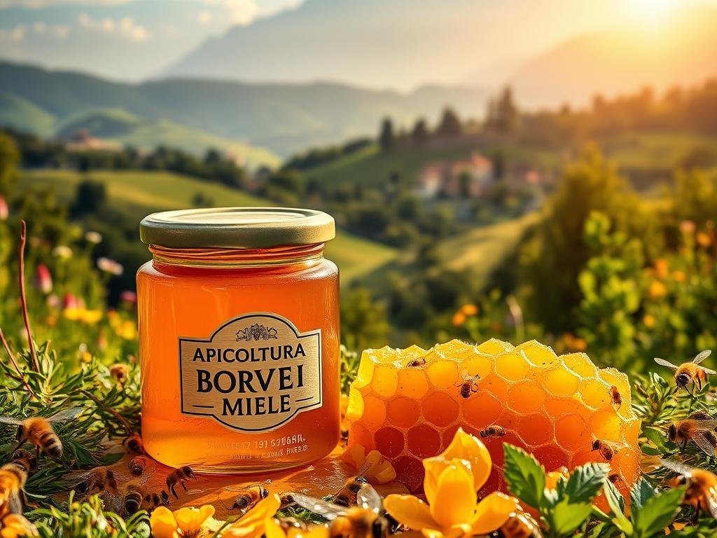 A serene Italian countryside scene, with a warm, golden light filtering through the lush greenery. In the foreground, a beautifully crafted glass jar labeled "APICOLTURA BORVEI MIELE" sits amidst a scatter of fresh honeycomb, dripping with glistening, amber-hued honey. The middle ground features rolling hills dotted with vibrant wildflowers and buzzing bees, while the background showcases a picturesque village nestled among the trees. The overall composition evokes a sense of authenticity, quality, and the natural abundance of this Italian-produced honey.