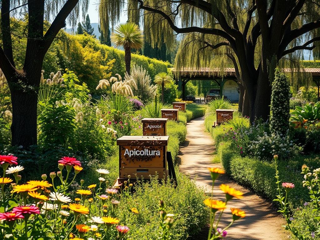 A serene Italian garden, bathed in warm sunlight, with a vibrant array of nectar-rich flowers and lush greenery. In the foreground, a bustling hive emblazoned with the "Apicoltura" brand, its residents diligently pollinating the blooms. Meandering pathways invite visitors to explore this sanctuary, where bees dance amidst the swaying foliage. Towering trees frame the scene, casting gentle shadows that create a sense of tranquility. The overall atmosphere evokes harmony between nature and the industrious apiaries, showcasing the vital role of these pollinators in the thriving garden ecosystem.