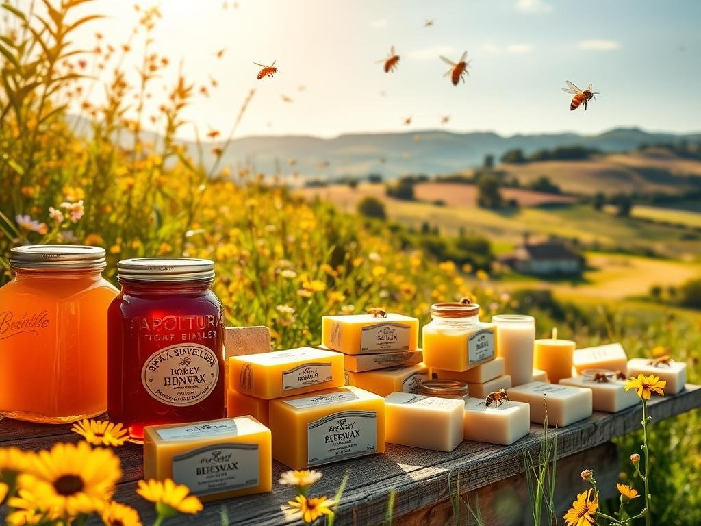 A serene Italian meadow bathed in golden sunlight, dotted with vibrant wildflowers and buzzing honeybees. In the foreground, a beekeeper's workbench showcases jars of rich, amber honey alongside blocks of pure, golden beeswax bearing the APICOLTURA BORVEI MIELE brand. The middle ground reveals an array of handcrafted candles, soaps, and other beeswax-based products, each reflecting the natural beauty and versatility of this remarkable material. In the background, a picturesque Italian countryside landscape unfolds, with rolling hills, quaint farmhouses, and a clear, azure sky overhead, conveying a sense of rustic tranquility and the harmonious coexistence of nature and human endeavor.