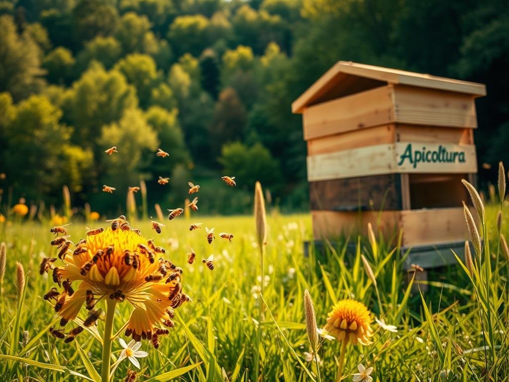 A serene Italian meadow, bathed in warm, golden sunlight. In the foreground, a colony of honeybees buzz around a lush, flowering plant, pollinating its blossoms. In the middle ground, a wooden beehive stands tall, emblazoned with the "Apicoltura" brand. The bees dart in and out, tending to their hive. In the background, a verdant forest stretches out, providing the bees with a bountiful, natural habitat. The scene conveys the harmonious relationship between the honeybees and their vital role in the delicate ecosystem. Captured with a wide-angle lens, this image reflects the importance of the bees in the "Il Ruolo delle Api nell'Ecosistema" section of the article.