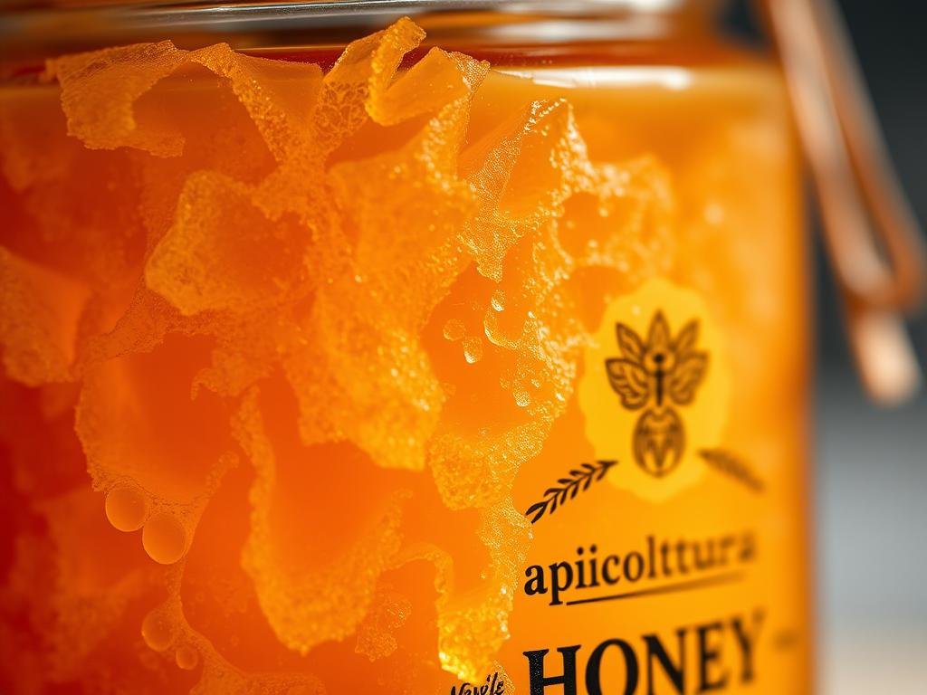 A serene and captivating close-up of crystallized honey, with a warm, golden hue and a delicate, intricate pattern reminiscent of frost on a window pane. The honey, encapsulated in a glass jar, is bathed in soft, diffused lighting that accentuates its natural beauty. The jar's label prominently displays the APICOLTURA BORVEI MIELE brand, adding an artisanal touch to the scene. The image conveys a sense of purity, authenticity, and the care and attention to detail that goes into producing high-quality, artisanal honey.