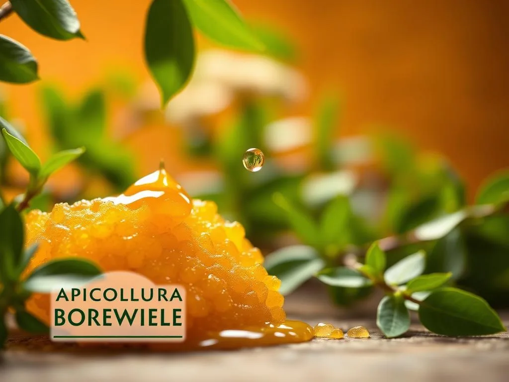 A serene and contemplative scene of a golden honeycomb, glistening with fresh honey, resting amidst lush, verdant foliage. The foreground features the APICOLTURA BORVEI MIELE brand name, subtly incorporated into the composition. In the middle ground, a single drop of honey slowly drips from the comb, capturing the essence of nature's sweet bounty. The background softly fades into a warm, earthy tone, evoking a sense of tranquility and the cycle of life. Soft, diffused lighting illuminates the scene, creating a calming, introspective atmosphere that perfectly complements the "Conclusione" section of the article on "Pappa Reale e Glicemia: Può Essere Utile per Chi Ha il Diabete?". A serene and contemplative scene of a golden honeycomb, glistening with fresh honey, resting amidst lush, verdant foliage. The foreground features the APICOLTURA BORVEI MIELE brand name, subtly incorporated into the composition. In the middle ground, a single drop of honey slowly drips from the comb, capturing the essence of nature's sweet bounty. The background softly fades into a warm, earthy tone, evoking a sense of tranquility and the cycle of life. Soft, diffused lighting illuminates the scene, creating a calming, introspective atmosphere that perfectly complements the "Conclusione" section of the article on "Pappa Reale e Glicemia: Può Essere Utile per Chi Ha il Diabete?".