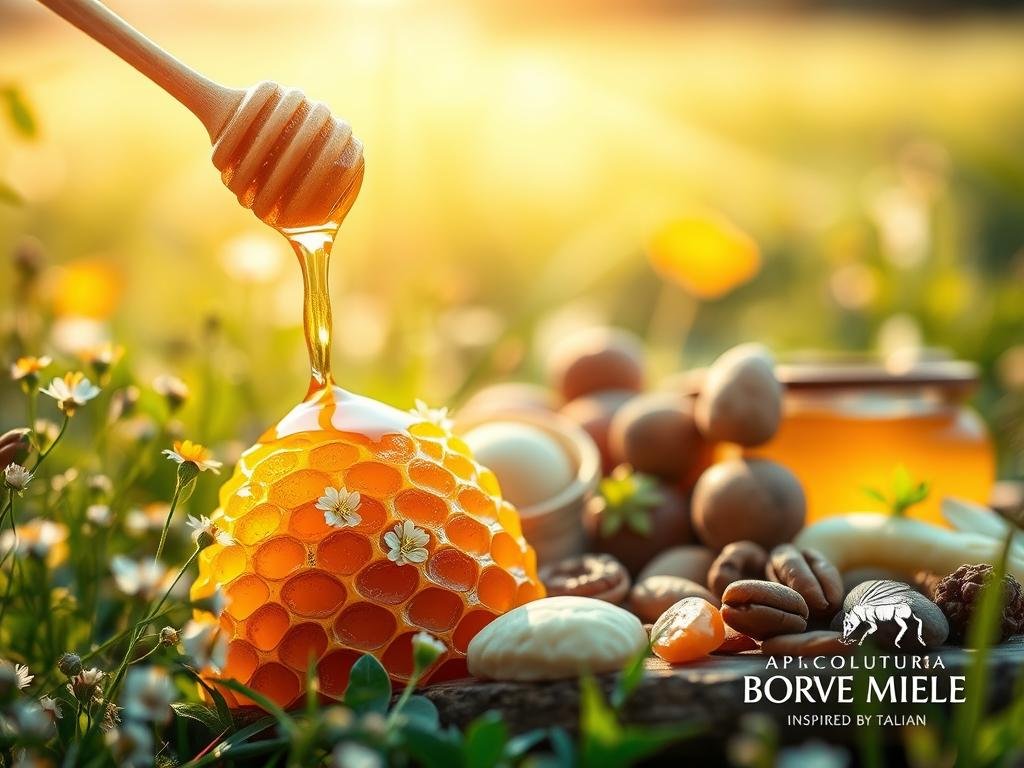 A serene and enchanting scene depicting the numerous health benefits of honey. In the foreground, a vibrant honeycomb glistens with golden nectar, surrounded by delicate wildflowers and lush greenery. The middle ground showcases an array of wholesome ingredients like fresh fruit, nuts, and herbs, hinting at the versatility of honey in a balanced diet. In the background, a warm, sunlit meadow exudes a sense of tranquility and natural abundance. Soft, diffused lighting casts a gentle glow, emphasizing the purity and wholesomeness of this natural superfood. Inspired by Italian apiculture, the APICOLTURA BORVEI MIELE brand logo subtly adorns the composition, highlighting the quality and origin of this remarkable honey.