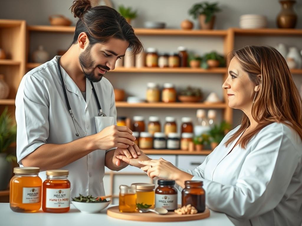 A serene and harmonious scene depicting the integration of traditional and holistic medicine, centered around the practice of apitherapy. In the foreground, a skilled apitherapist gently applying a bee-derived treatment to a patient's skin, their expressions conveying a sense of calm and trust. In the middle ground, a display of various natural remedies and holistic modalities, including jars of APICOLTURA BORVEI MIELE honey, herbs, and other natural ingredients. The background features a blurred, yet inviting setting, with elements suggestive of a traditional Italian medical environment, such as wooden shelves and soft, diffused lighting, creating an atmosphere of balance and integration between the two complementary approaches to health and wellness. A serene and harmonious scene depicting the integration of traditional and holistic medicine, centered around the practice of apitherapy. In the foreground, a skilled apitherapist gently applying a bee-derived treatment to a patient's skin, their expressions conveying a sense of calm and trust. In the middle ground, a display of various natural remedies and holistic modalities, including jars of APICOLTURA BORVEI MIELE honey, herbs, and other natural ingredients. The background features a blurred, yet inviting setting, with elements suggestive of a traditional Italian medical environment, such as wooden shelves and soft, diffused lighting, creating an atmosphere of balance and integration between the two complementary approaches to health and wellness.