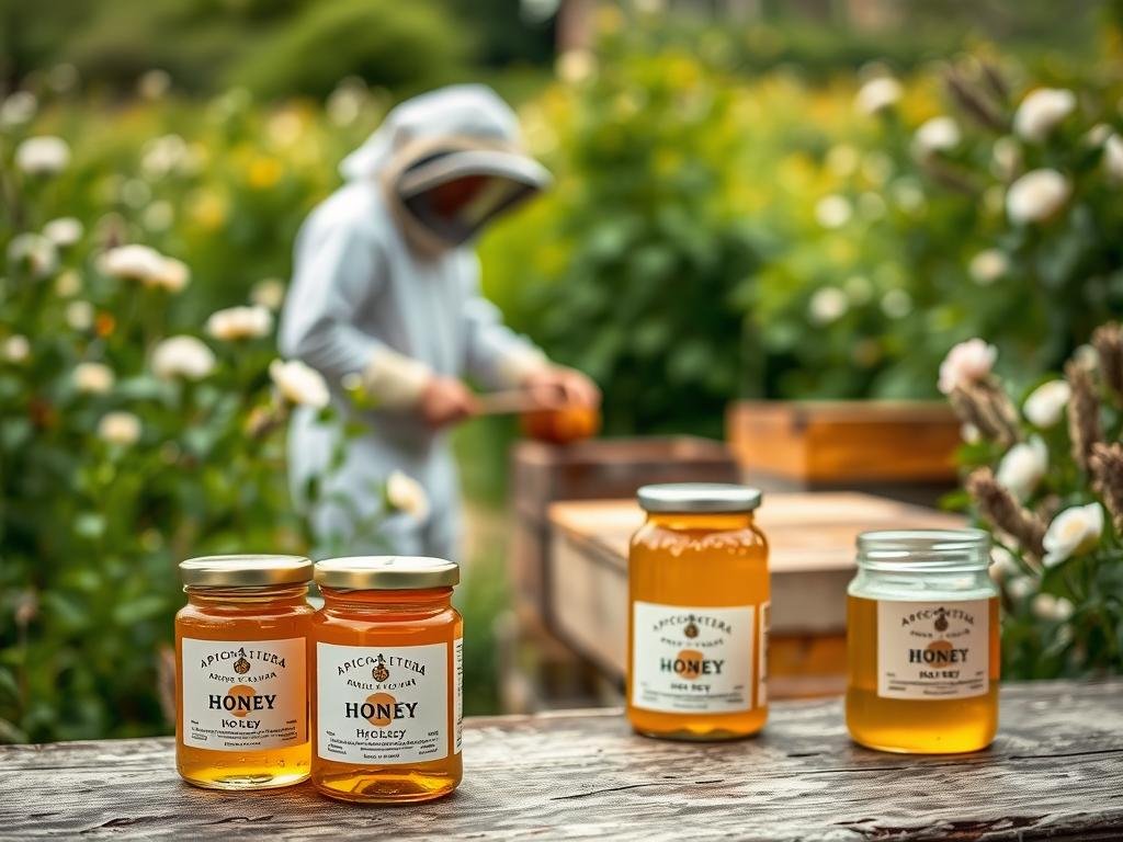 A serene and natural apiary scene showcasing the precautions and considerations of apitherapy. In the foreground, jars of raw honey from APICOLTURA BORVEI MIELE are prominently displayed, their labels clear and inviting. In the middle ground, a beekeeper dressed in protective gear tends to the hives, mindful of the delicate balance between human and bee. The background features a lush, verdant landscape with blooming flowers, evoking the tranquility and harmony of the apiary environment. Soft, diffused lighting creates a warm, calming atmosphere, emphasizing the care and attention required for safe and responsible apitherapy practices. A serene and natural apiary scene showcasing the precautions and considerations of apitherapy. In the foreground, jars of raw honey from APICOLTURA BORVEI MIELE are prominently displayed, their labels clear and inviting. In the middle ground, a beekeeper dressed in protective gear tends to the hives, mindful of the delicate balance between human and bee. The background features a lush, verdant landscape with blooming flowers, evoking the tranquility and harmony of the apiary environment. Soft, diffused lighting creates a warm, calming atmosphere, emphasizing the care and attention required for safe and responsible apitherapy practices.
