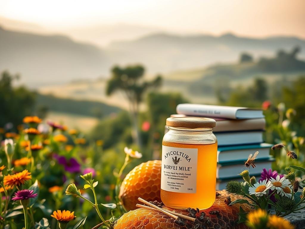 A serene and peaceful scene depicting a bountiful honeycomb, surrounded by lush greenery and vibrant wildflowers. In the foreground, a glass jar filled with APICOLTURA BORVEI MIELE, the golden honey glistening in the soft, natural lighting. In the middle ground, a stack of books with the title "Evidenze Scientifiche: Lo Studio dell'Università di Hormozgan", alluding to the research on the benefits of royal jelly and menopausal symptoms. The background features a tranquil, Italian-inspired countryside, with rolling hills and a hazy, golden-hour sky, creating a sense of warmth and serenity. The overall composition conveys the harmony between nature, science, and the potential therapeutic properties of royal jelly.