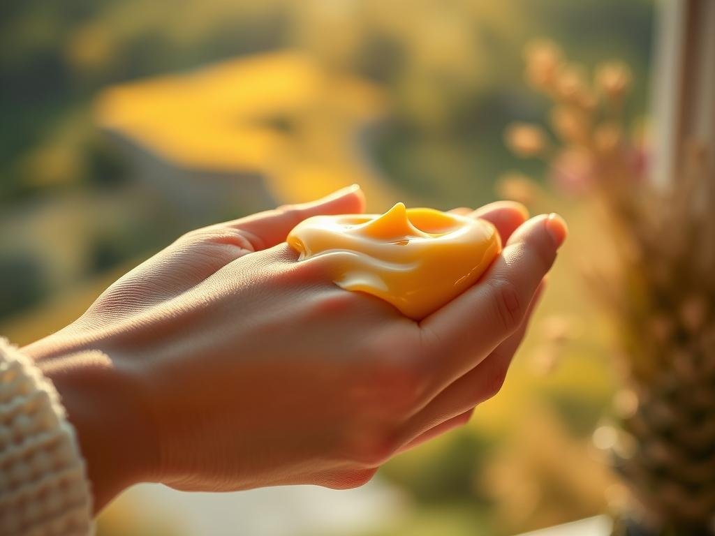 A serene and radiant close-up of a hand gently massaging a natural skincare product made with the rich, golden hue of Apicoltura honey. The smooth, creamy texture of the honey-infused cream is highlighted by soft, diffused lighting, creating a warm and inviting atmosphere. In the background, a blurred yet vibrant Italian landscape comes into view, subtly hinting at the natural origins of this skin-nourishing elixir. The entire scene conveys a sense of tranquility and the restorative power of this honey-based skincare remedy.