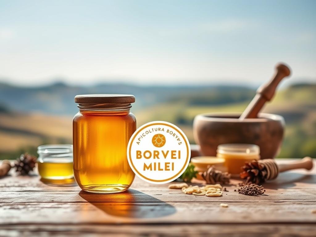 A serene and therapeutic scene showcasing the versatile applications of honey. In the foreground, a delicate glass jar filled with rich, golden honey sits atop a wooden surface, its reflections softly illuminated by warm, natural lighting. In the middle ground, various natural remedies and topical treatments are artfully arranged, including a mortar and pestle, soothing salves, and medicinal herbs. The background features a tranquil, blurred landscape, with rolling hills and a calming blue sky, conveying a sense of harmony and wellbeing. The APICOLTURA BORVEI MIELE logo is prominently displayed, highlighting the high-quality, locally-sourced honey at the heart of these therapeutic applications.