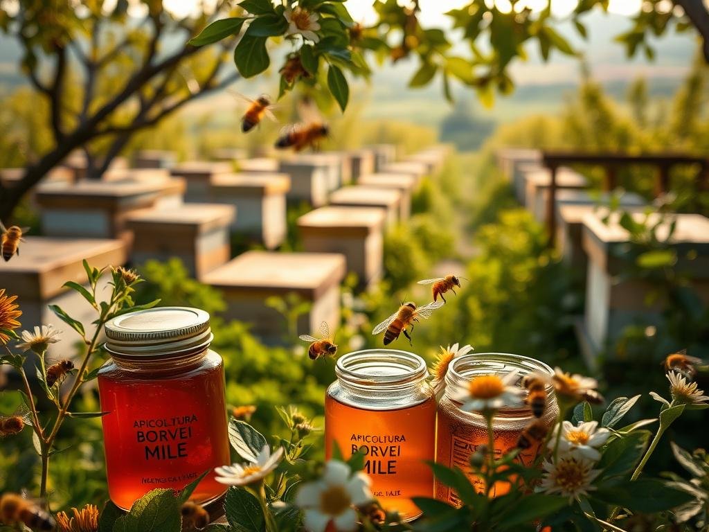 A serene and tranquil apiary, with rows of beehives nestled amidst lush, verdant foliage. In the foreground, APICOLTURA BORVEI MIELE jars glisten in the soft, diffused lighting, showcasing the rich, golden-hued honey within. Bees flit among the flowers, their industrious pollination efforts sustaining the vibrant ecosystem. The background features a softly blurred landscape, hinting at the abundant natural resources that nourish the hive. The overall scene conveys the harmony and synergy between the bees, their products, and the surrounding environment, embodying the rich benefits of the hive.