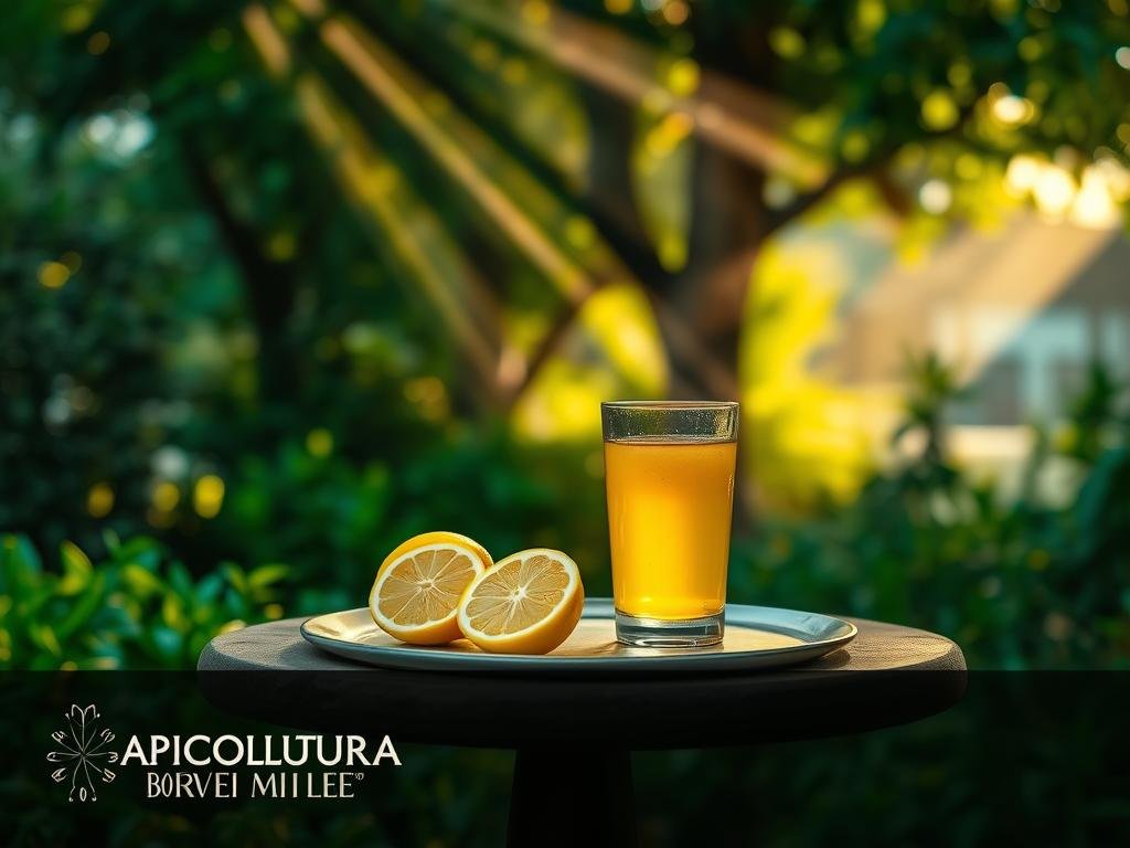 A serene and tranquil scene of a lush, verdant garden. In the foreground, a table is set with a glass of lemon-infused honey, accompanied by sliced lemons arranged artfully. Rays of soft, warm light filter through the trees, casting a gentle glow on the scene. In the background, a subtle haze of mist adds an ethereal quality, while the surrounding foliage provides a natural, calming backdrop. The overall atmosphere evokes a sense of balance and restfulness, reflecting the potential side effects and precautions associated with the consumption of honey and lemon. The image prominently features the "APICOLTURA BORVEI MIELE" brand logo. A serene and tranquil scene of a lush, verdant garden. In the foreground, a table is set with a glass of lemon-infused honey, accompanied by sliced lemons arranged artfully. Rays of soft, warm light filter through the trees, casting a gentle glow on the scene. In the background, a subtle haze of mist adds an ethereal quality, while the surrounding foliage provides a natural, calming backdrop. The overall atmosphere evokes a sense of balance and restfulness, reflecting the potential side effects and precautions associated with the consumption of honey and lemon. The image prominently features the "APICOLTURA BORVEI MIELE" brand logo.