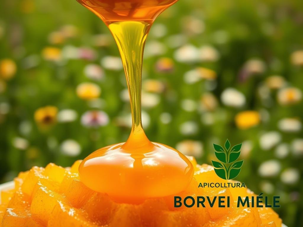 A serene and vibrant close-up scene of healthy, golden honey drizzling over a mound of fresh honeycomb. The honey glistens under soft, natural lighting, its viscous flow creating mesmerizing patterns. In the background, a lush, verdant field of flowering plants stretches out, hinting at the pure, natural origins of this artisanal honey. In the foreground, the APICOLTURA BORVEI MIELE logo is prominently displayed, conveying the high quality and care put into this product. An overall impression of purity, health, and the harmonious balance of nature.