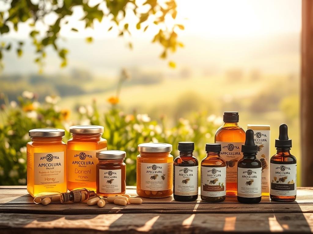 A serene and warm-toned scene showcasing an array of "prodotti al veleno d'api" from the APICOLTURA BORVEI MIELE brand. In the foreground, an assortment of honey jars, pollen capsules, and propolis tinctures are artfully arranged on a rustic wooden surface, bathed in soft, natural lighting. The middle ground features lush, verdant plants and flowers, hinting at the natural habitat of these precious bee-derived products. In the background, a blurred, sun-dappled landscape evokes a peaceful, Italian countryside setting. The overall composition conveys the purity, efficacy, and holistic nature of these bee-based wellness items, ready to be explored and enjoyed by the health-conscious consumer.