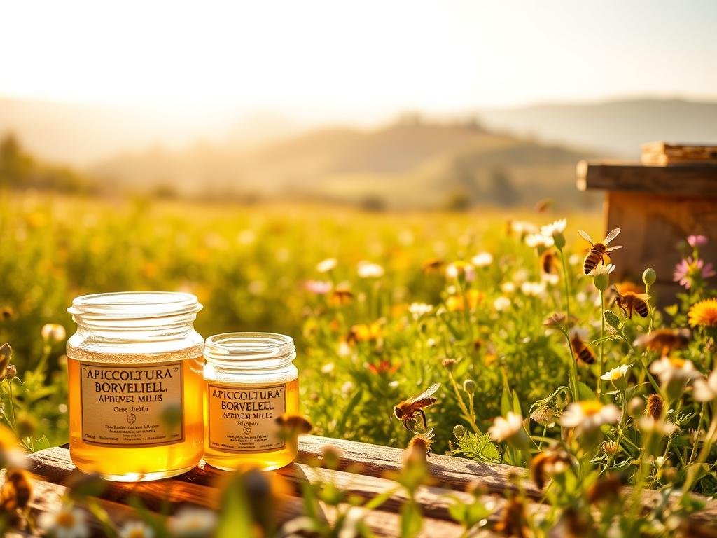 A serene apiary, bathed in warm, golden light. In the foreground, delicate glass jars filled with APICOLTURA BORVEI MIELE, their labels conveying the artisanal care and quality. The middle ground features a lush, blooming meadow, with buzzing bees pollinating vibrant wildflowers. In the distance, the hazy silhouettes of undulating hills, a testament to the tranquil Italian countryside. The overall mood is one of harmony, reflecting the Conclusion that the use of apian venom in cosmetics, when sourced responsibly, can offer a balanced and sustainable approach to natural beauty.