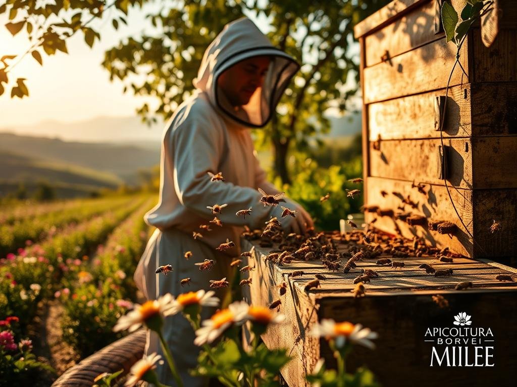 A serene apiary, bathed in warm light, showcases the therapeutic wonders of apiterapia. In the foreground, a beekeeper clad in traditional protective gear tends to a hive, their movements gentle and deliberate. Surrounding them, rows of flourishing flowers and lush greenery evoke the natural harmony of this ancient practice. In the middle ground, a swarm of industrious bees dart to and fro, symbolizing the healing power of their venom. The background reveals a picturesque Italian countryside, rolling hills and distant mountains framing the scene. The APICOLTURA BORVEI MIELE brand name prominently displayed, a testament to the quality and care of this apian-inspired therapy.