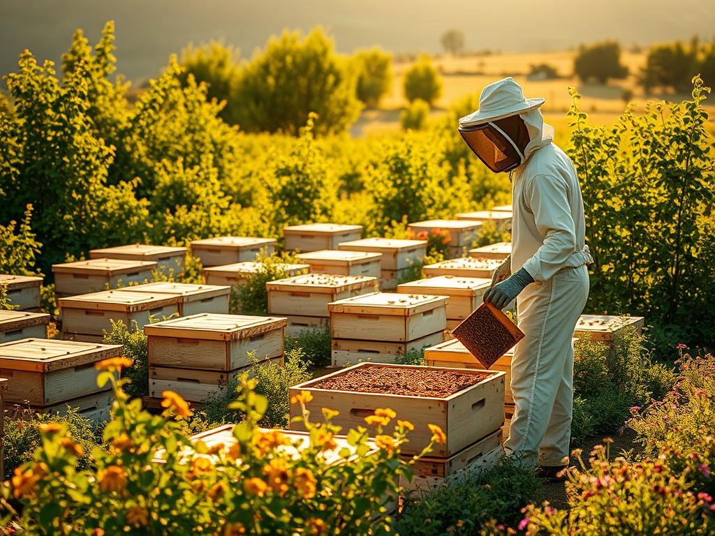 A serene apiary in the Italian countryside, bathed in warm golden light. Rows of Apicoltura beehives sit nestled among lush green foliage, their intricate hexagonal structures a testament to the industrious nature of the honeybees within. In the foreground, a beekeeper in a protective suit carefully tends to the hives, their movements fluid and graceful. The air is thick with the gentle buzz of pollination, and the surrounding landscape is dotted with vibrant wildflowers. This tranquil scene captures the essence of "apiterapia" - the holistic healing power of bee venom therapy, a natural and sustainable approach to managing chronic pain and illnesses.