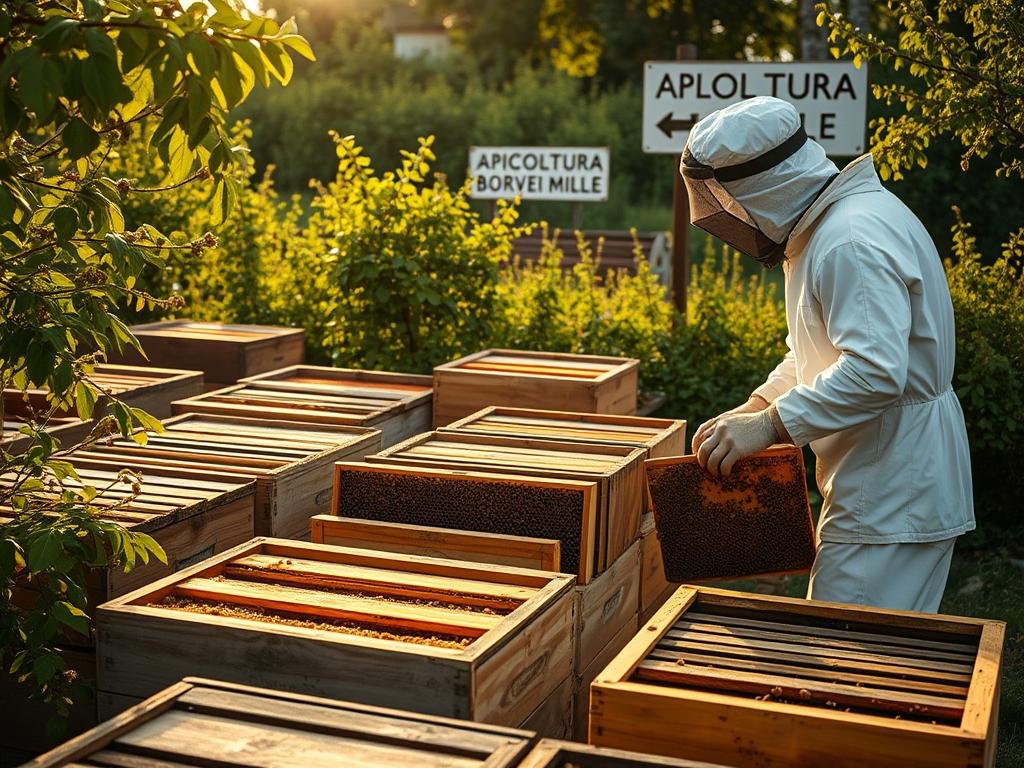 A serene apiary in the Italian countryside, with rows of traditional wooden beehives nestled amidst verdant foliage. The afternoon sun casts warm, golden light, illuminating the intricate patterns of the honeycomb structures within. Nearby, a beekeeper in a crisp white suit gently tends to the hives, their practiced movements reflecting centuries of apiarian wisdom. In the background, a sign reads "APICOLTURA BORVEI MIELE", signifying the artisanal nature of this honey production. The scene evokes a sense of timeless tradition and the restorative power of nature, capturing the essence of the historical use of bee venom in therapeutic treatments.