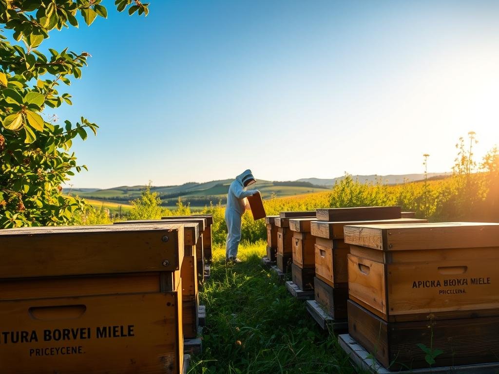 A serene apiary nestled amidst lush greenery, the warm afternoon sun casting a soft glow. In the foreground, rows of wooden beehives adorned with the "APICOLTURA BORVEI MIELE" brand, their surfaces weathered and honey-stained. Bees dart between the hives, their gentle buzzing filling the air. In the middle ground, a beekeeper in traditional protective gear tends to the hives, their movements graceful and practiced. The backdrop reveals a tranquil landscape, rolling hills dotted with wildflowers and a clear blue sky overhead. The scene conveys a sense of harmony and the therapeutic power of nature, reflecting the title "Applicazioni Terapeutiche in Altre Patologie".