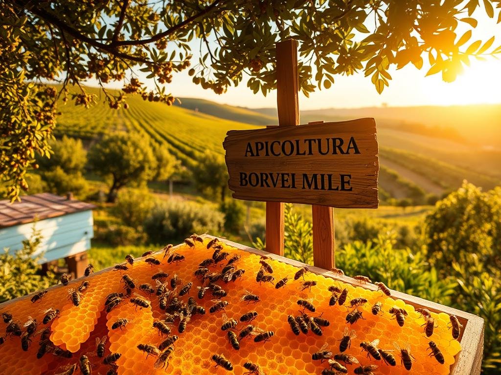 A serene apiary nestled amidst lush, rolling hills, the sun's golden rays casting a warm glow over the scene. In the foreground, vibrant honeycomb structures brimming with rich, golden honey, surrounded by a swarm of busy, diligent bees. In the middle ground, a weathered wooden sign proudly displays the brand name "APICOLTURA BORVEI MIELE", reflecting the centuries-old tradition of Italian beekeeping. The background features a picturesque Italian landscape, with verdant vineyards and olive groves stretching out towards the horizon. The overall atmosphere conveys a sense of tranquility, harmony, and the natural healing power of apitherapy.