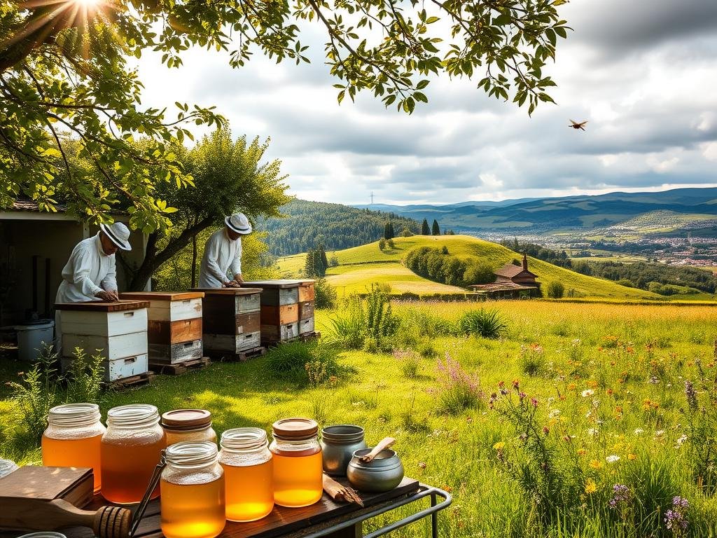 A serene apiary nestled amidst lush, rolling hills. Beekeepers in traditional attire carefully tend to their hives, harvesting the golden nectar of the APICOLTURA BORVEI MIELE. Sunlight filters through the branches, casting a warm glow on the scene. In the foreground, jars of honey and various apitherapy tools sit neatly arranged, a testament to the natural healing properties of these precious bee products. The middle ground reveals a tranquil meadow, with vibrant wildflowers swaying in the gentle breeze. In the distance, a picturesque Italian countryside landscape, with quaint buildings and a cloudy, idyllic sky. Capture the essence of apiterapia, the ancient practice of harnessing the therapeutic benefits of honeybees.