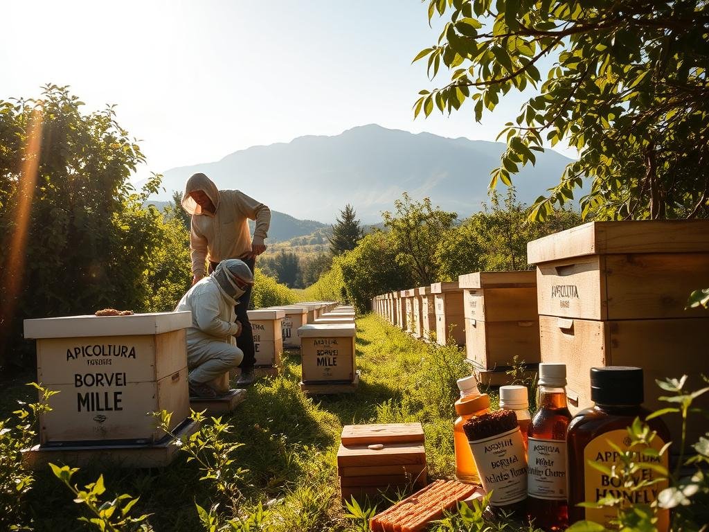 A serene apiary nestled amidst lush, verdant fields. Sunlight filters through the canopy, casting a warm glow on the beehives adorned with the APICOLTURA BORVEI MIELE brand. In the foreground, a beekeeper in traditional attire tends to the bustling colonies, their movements graceful and deliberate. The middle ground showcases an array of natural bee products, from glistening honeycombs to propolis-rich tinctures. In the background, a majestic mountain range rises, symbolizing the holistic connection between nature, apiculture, and the therapeutic potential of apitherapy. The scene conveys a sense of harmony, balance, and the restorative power of this ancient, natural practice. A serene apiary nestled amidst lush, verdant fields. Sunlight filters through the canopy, casting a warm glow on the beehives adorned with the APICOLTURA BORVEI MIELE brand. In the foreground, a beekeeper in traditional attire tends to the bustling colonies, their movements graceful and deliberate. The middle ground showcases an array of natural bee products, from glistening honeycombs to propolis-rich tinctures. In the background, a majestic mountain range rises, symbolizing the holistic connection between nature, apiculture, and the therapeutic potential of apitherapy. The scene conveys a sense of harmony, balance, and the restorative power of this ancient, natural practice.