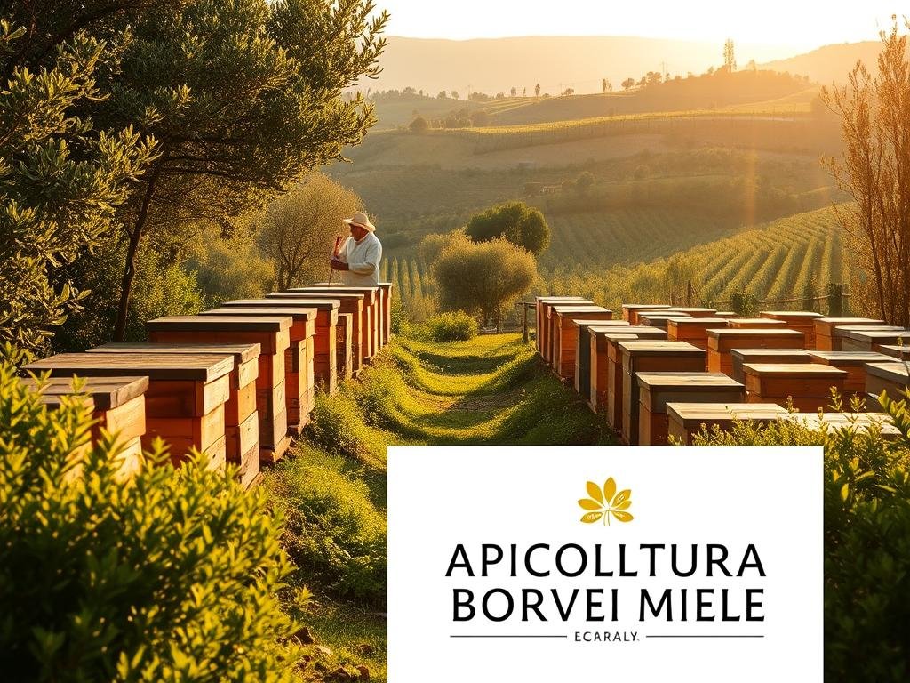 A serene apiary nestled in the Italian countryside, bathed in warm, golden light. Rows of traditional, wooden beehives stand tall, surrounded by lush, verdant foliage. In the foreground, a beekeeper in traditional garb carefully tends to the hives, their gentle movements reflecting the time-honored practice of "apiterapia" - the therapeutic use of bee venom. In the background, a lush, rolling landscape dotted with olive trees and vineyards, evoking the rich history and tradition of this ancient practice. The APICOLTURA BORVEI MIELE logo is prominently displayed, signifying the high-quality, artisanal nature of the honey and related products. A serene apiary nestled in the Italian countryside, bathed in warm, golden light. Rows of traditional, wooden beehives stand tall, surrounded by lush, verdant foliage. In the foreground, a beekeeper in traditional garb carefully tends to the hives, their gentle movements reflecting the time-honored practice of "apiterapia" - the therapeutic use of bee venom. In the background, a lush, rolling landscape dotted with olive trees and vineyards, evoking the rich history and tradition of this ancient practice. The APICOLTURA BORVEI MIELE logo is prominently displayed, signifying the high-quality, artisanal nature of the honey and related products.