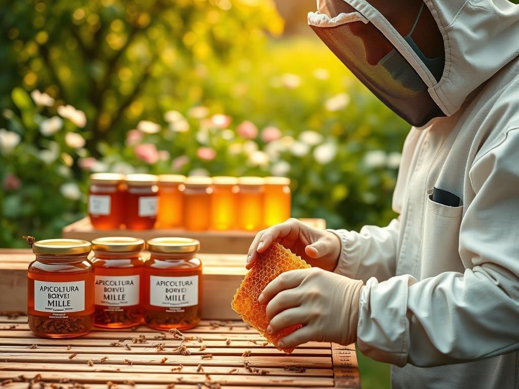 A serene apiary scene showcasing the apiterapia treatment process. In the foreground, a beekeeper in traditional attire carefully tends to a honeycomb, highlighting the delicate nature of this natural therapy. The middle ground features an array of honeycombs and jars, prominently displaying the "APICOLTURA BORVEI MIELE" brand. In the background, a lush, verdant garden setting with blooming flowers creates a calming, meditative atmosphere, reflecting the holistic approach of this treatment. Soft, diffused lighting casts a warm, golden glow, evoking a sense of tranquility and wellness. The composition emphasizes the harmony between nature, the bees, and the human caretakers, integral to the apiterapia experience.