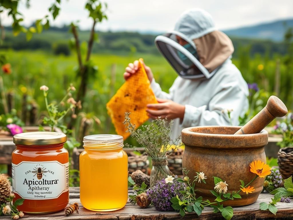 A serene apiary scene with a beekeeper in protective gear, meticulously handling a honeycomb. In the foreground, jars of golden "Apicoltura" honey and a mortar and pestle, symbolizing the natural remedies of apitherapy. The middle ground features an array of botanical elements, like flowering plants and herbs, hinting at the holistic nature of this practice. The background depicts a lush, verdant landscape, creating a sense of tranquility and balance. Soft, diffused lighting enhances the calming atmosphere, inviting the viewer to consider the precautions and potential contraindications in the use of apitherapy.
