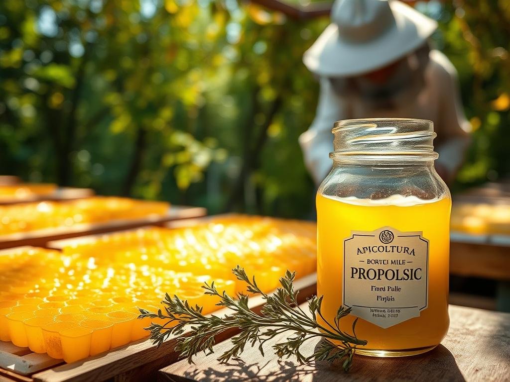 A serene apiary, sun-dappled and verdant, where golden honeycomb frames are carefully tended by a beekeeper in traditional garb. Soft-focus hues bathe the scene, evoking the natural healing properties of propolis, nature's own antibiotic. In the foreground, a sprig of fragrant herbs rests beside a glass jar bearing the label "APICOLTURA BORVEI MIELE", a testament to the artisanal craft of Italian beekeeping. The overall atmosphere is one of tranquility and wellness, perfectly suited to illustrate the therapeutic uses of this remarkable bee-derived substance.