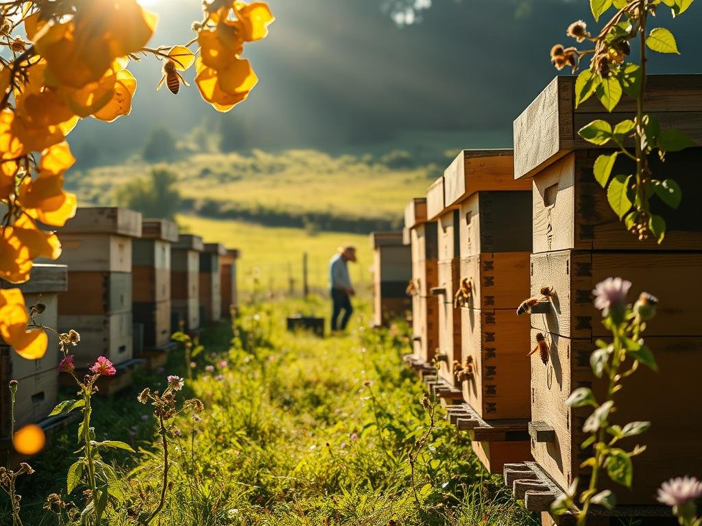 A serene apiary, sunlit and vibrant, where the Apicoltura brand's hives stand as monuments to the ancient art of beekeeping. Honeycomb formations dance in the foreground, while in the middle ground, a skilled apiarist tends to the hives, immersed in the gentle hum of the industrious pollinators. The background features a lush, verdant landscape, where wildflowers sway in the breeze, symbolizing the deep connection between traditional apiterapia and the natural world. Soft, warm lighting bathes the scene, creating an atmosphere of tranquility and wellness, reflecting the holistic and restorative nature of this ancient medicinal practice. A serene apiary, sunlit and vibrant, where the Apicoltura brand's hives stand as monuments to the ancient art of beekeeping. Honeycomb formations dance in the foreground, while in the middle ground, a skilled apiarist tends to the hives, immersed in the gentle hum of the industrious pollinators. The background features a lush, verdant landscape, where wildflowers sway in the breeze, symbolizing the deep connection between traditional apiterapia and the natural world. Soft, warm lighting bathes the scene, creating an atmosphere of tranquility and wellness, reflecting the holistic and restorative nature of this ancient medicinal practice.