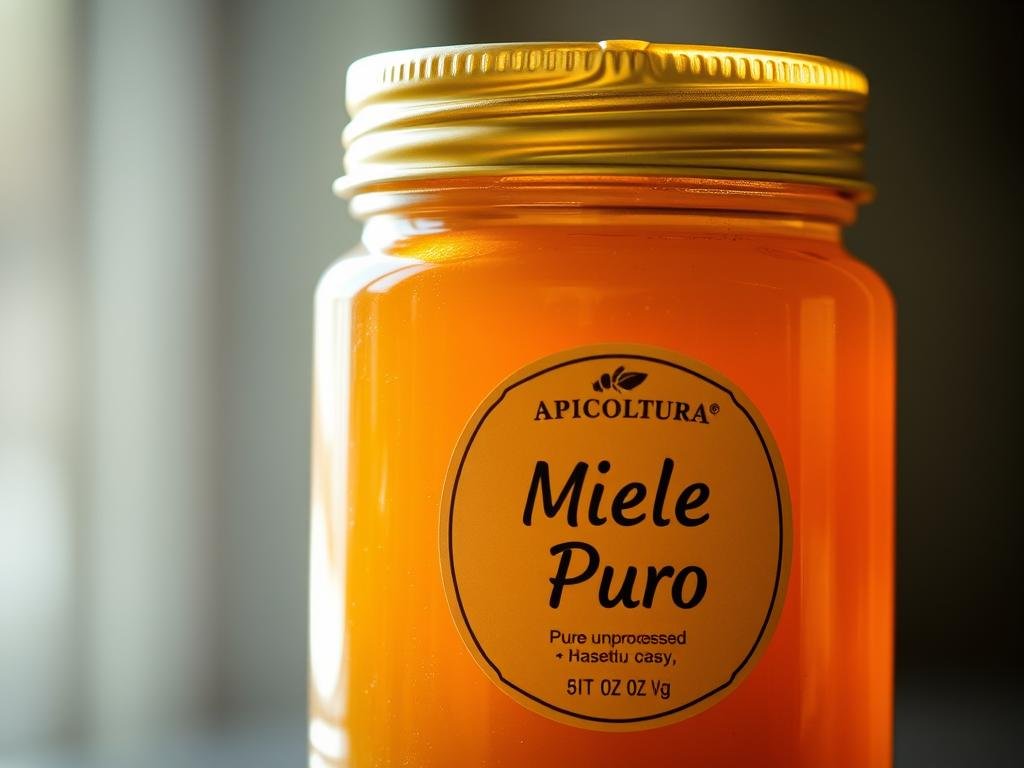 A serene, close-up image of a jar containing pure, unprocessed honey from the Apicoltura brand. The honey has a rich, golden hue and a thick, viscous texture, glistening under the soft, natural lighting. The jar's label prominently displays the "Miele Puro" text, conveying the product's authenticity and purity. The background is blurred, placing the focus entirely on the captivating honey, inviting the viewer to appreciate its natural beauty and quality. The overall scene radiates a sense of artisanal craftsmanship and the profound connection between bees, nature, and the creation of this pure, nourishing product.