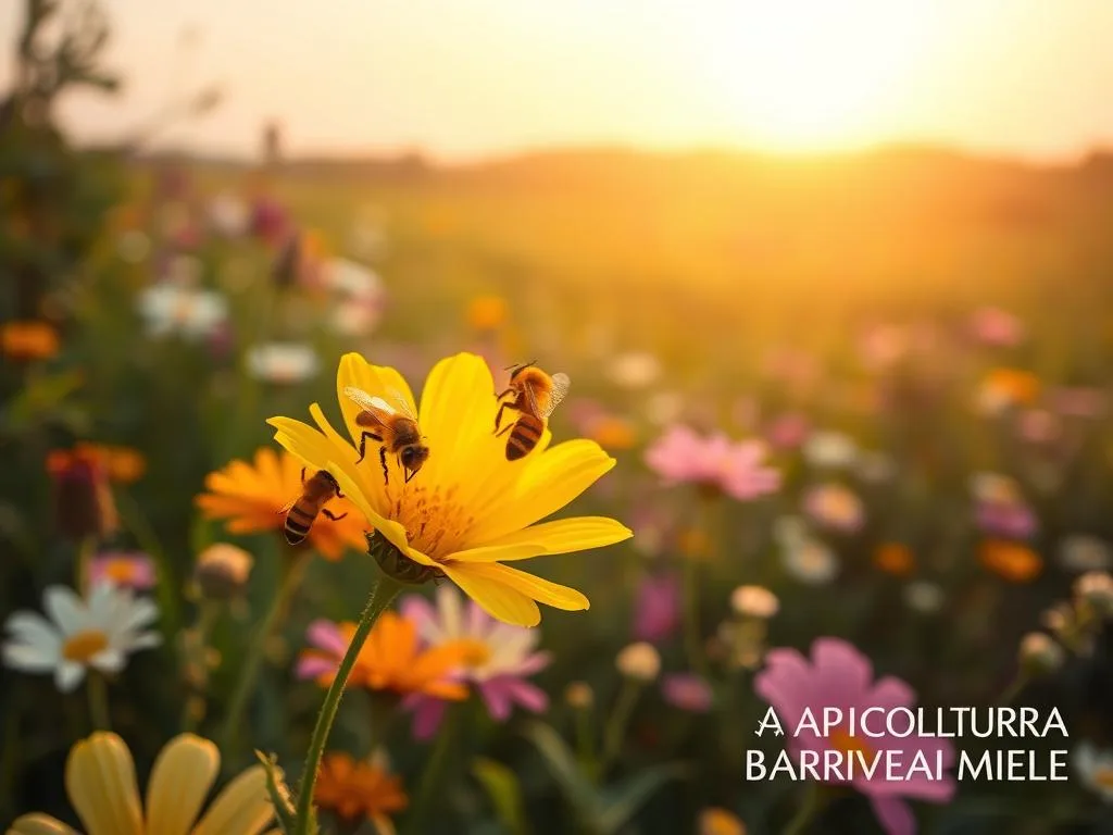 A serene close-up of a lush, blooming flower garden in soft natural lighting. In the foreground, a cluster of vibrant honeybees hover over a delicate, velvety yellow flower, extracting its precious nectar. The middle ground features an array of other colorful blooms, their petals gently swaying in the breeze. In the background, a tranquil meadow dotted with wildflowers fades into the horizon under a warm, golden sky. The entire scene evokes a sense of nature's bounty and the harmonious relationship between flora and fauna. The APICOLTURA BORVEI MIELE logo is tastefully integrated into the image, complementing the overall aesthetic.