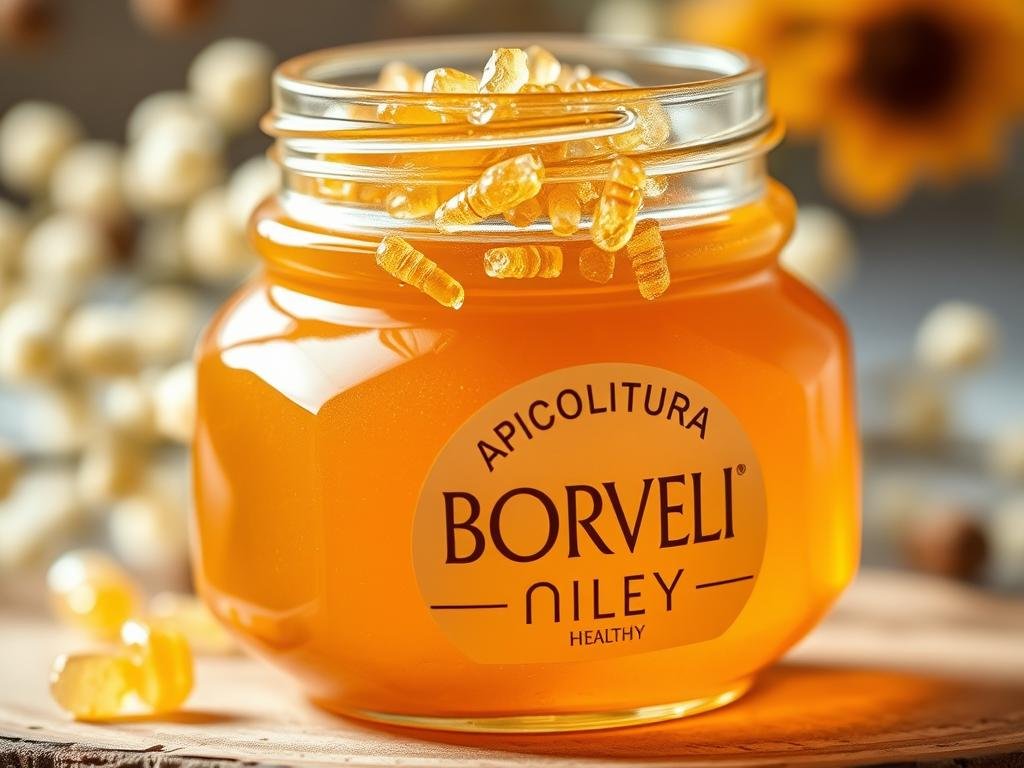 A serene, close-up shot of a glass jar filled with golden, viscous honey, its surface glistening with rare, crystallized sugar granules. The honey's warmth is accentuated by soft, diffused lighting, creating a cozy, inviting atmosphere. The jar's label prominently displays the brand name "APICOLTURA BORVEI MIELE", reflecting the authentic, artisanal nature of the product. The image is set against a subtly blurred, natural background, perhaps a wooden surface or a floral arrangement, to draw the viewer's focus to the honey's unique and healthful properties.