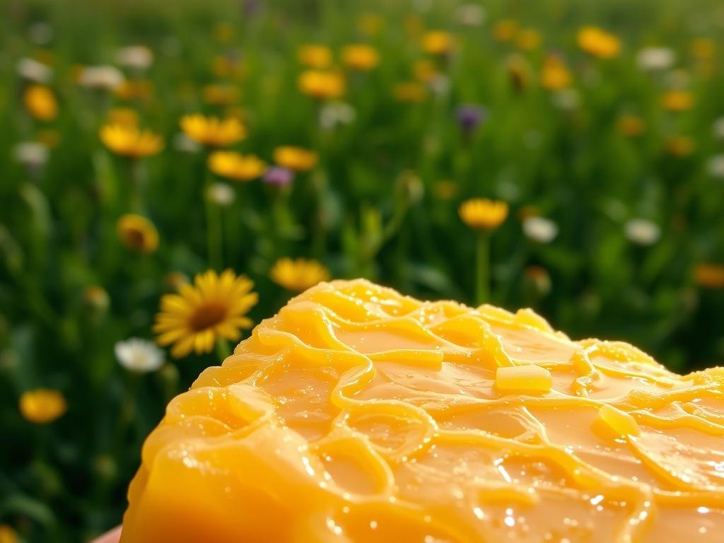 A serene, close-up view of ethically sourced, golden-hued beeswax. The lighting is soft and warm, highlighting the intricate texture and natural patterns of the wax. In the background, a verdant, lush meadow filled with vibrant wildflowers suggests the sustainable, rural setting where the APICOLTURA BORVEI MIELE apiary operates. The overall composition conveys a sense of purity, harmony, and the care taken in the production of this key natural ingredient for cosmetic formulations.