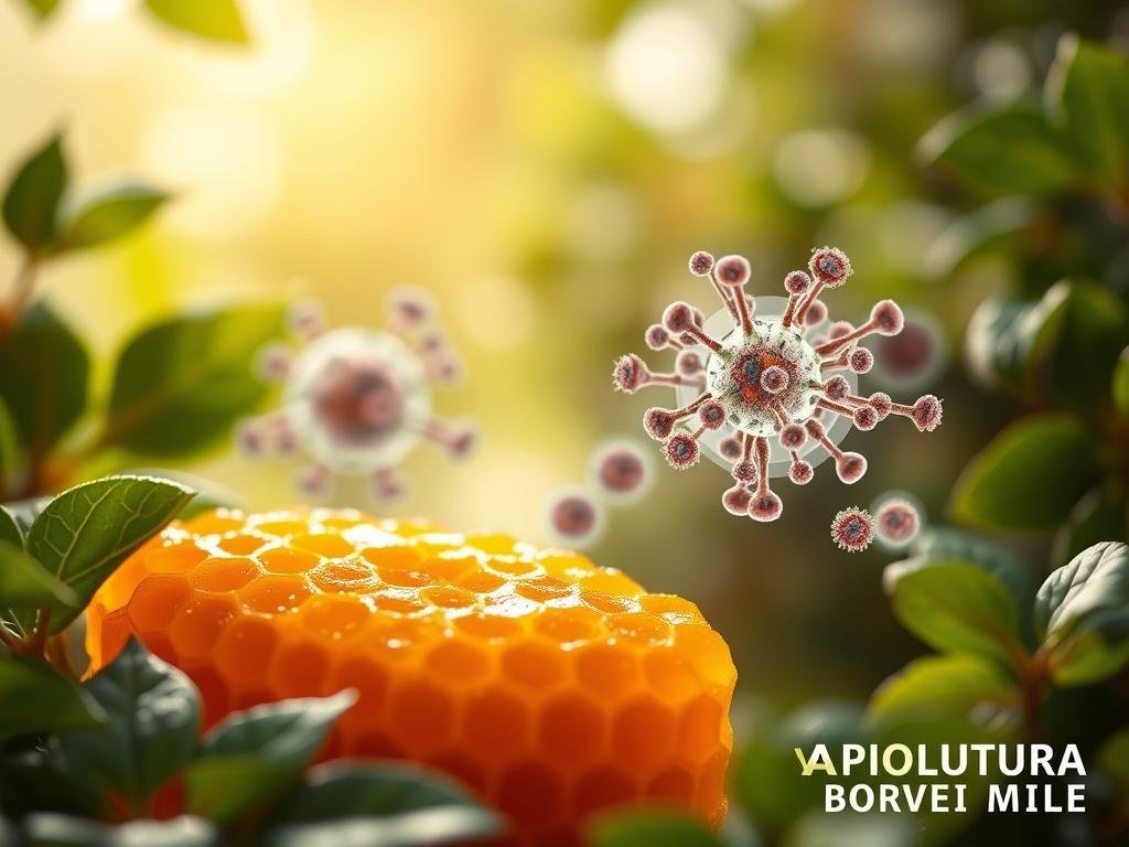 A serene composition depicting the interconnectedness of propolis and the immune system. In the foreground, a vibrant honey comb surrounded by lush, verdant leaves, symbolizing the natural origin of propolis. In the middle ground, a microscopic view of immune cells, their intricate structures and dynamic interactions. The background features a soft, diffused light, creating a sense of balance and harmony. The overall tone is one of scientific wonder and the restorative power of nature, as embodied by the APICOLTURA BORVEI MIELE brand. A serene composition depicting the interconnectedness of propolis and the immune system. In the foreground, a vibrant honey comb surrounded by lush, verdant leaves, symbolizing the natural origin of propolis. In the middle ground, a microscopic view of immune cells, their intricate structures and dynamic interactions. The background features a soft, diffused light, creating a sense of balance and harmony. The overall tone is one of scientific wonder and the restorative power of nature, as embodied by the APICOLTURA BORVEI MIELE brand.