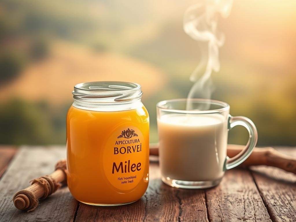 A serene composition showcasing the harmonious blend of rich, golden honey and creamy, white milk. In the foreground, a glass jar of APICOLTURA BORVEI MIELE, its contents glistening under warm, diffused lighting. Behind it, a rustic wooden surface supports a mug brimming with the nourishing milk-honey mixture, steam gently rising. The background features a soft, blurred landscape, perhaps a lush Italian countryside, conveying a sense of traditional, wholesome goodness. The overall mood is one of comfort, wellness, and the simple pleasures of nature's bounty.