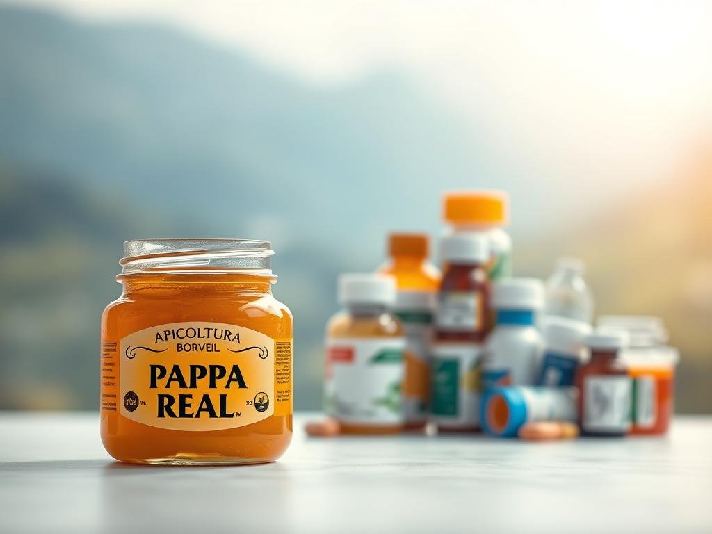 A serene, contrasting scene depicting the potential risks and precautions associated with the consumption of "pappa reale", a natural supplement derived from royal jelly. In the foreground, a close-up of an open jar emblazoned with the brand name "APICOLTURA BORVEI MIELE", showcasing the vibrant golden hue of the royal jelly. In the middle ground, a stack of various medication bottles, representing the potential interactions with pharmaceutical treatments. The background subtly fades into a blurred, yet calming Italian landscape, hinting at the natural origins of the supplement. Soft, diffused lighting casts a contemplative mood, emphasizing the need for caution and awareness when considering the combined use of "pappa reale" and medical therapies.