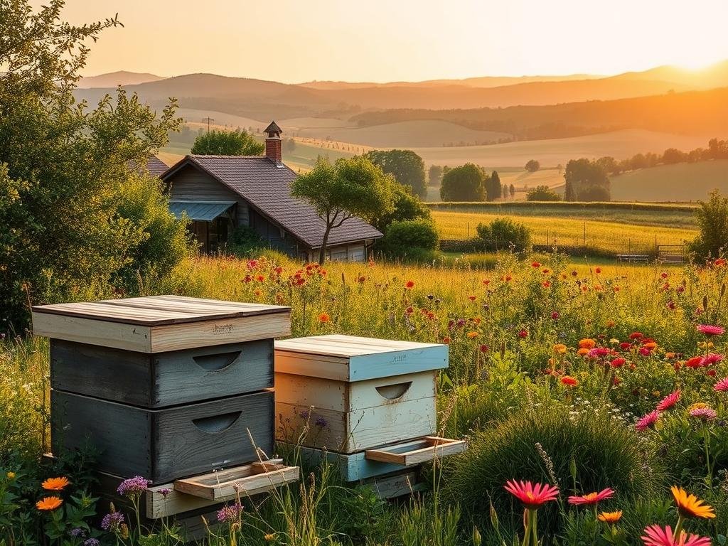 A serene countryside scene showcasing a local Apicoltura apiary, surrounded by lush greenery and vibrant wildflowers. The hives, crafted with natural materials, sit peacefully in the foreground, inviting the viewer to appreciate the artisanal care and attention to detail. The middle ground features a quaint, rustic structure, perhaps a honey processing facility or a local shop, blending seamlessly with the pastoral setting. In the background, rolling hills and a warm, golden-hued sky create a sense of tranquility and connection to the land. The overall composition conveys the essence of a local, sustainable honey production, highlighting the beauty and importance of supporting small-scale, Italian apiaries. A serene countryside scene showcasing a local Apicoltura apiary, surrounded by lush greenery and vibrant wildflowers. The hives, crafted with natural materials, sit peacefully in the foreground, inviting the viewer to appreciate the artisanal care and attention to detail. The middle ground features a quaint, rustic structure, perhaps a honey processing facility or a local shop, blending seamlessly with the pastoral setting. In the background, rolling hills and a warm, golden-hued sky create a sense of tranquility and connection to the land. The overall composition conveys the essence of a local, sustainable honey production, highlighting the beauty and importance of supporting small-scale, Italian apiaries.