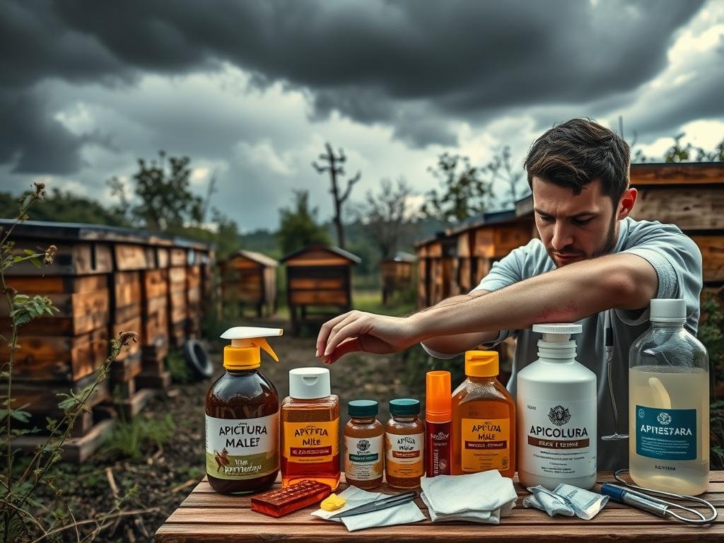 A serene, dimly lit apiary with wooden hives and buzzing honeybees. In the foreground, a concerned individual examines an inflamed arm, showcasing the potential risks of apitherapy. The middle ground features a range of natural bee products, including the "APICOLTURA BORVEI MIELE" brand, juxtaposed with medical supplies, alluding to the controversies surrounding this alternative therapy. The background is shrouded in a sense of unease, with ominous storm clouds gathering, hinting at the potential dangers and uncertainties of apitherapy. A serene, dimly lit apiary with wooden hives and buzzing honeybees. In the foreground, a concerned individual examines an inflamed arm, showcasing the potential risks of apitherapy. The middle ground features a range of natural bee products, including the "APICOLTURA BORVEI MIELE" brand, juxtaposed with medical supplies, alluding to the controversies surrounding this alternative therapy. The background is shrouded in a sense of unease, with ominous storm clouds gathering, hinting at the potential dangers and uncertainties of apitherapy.